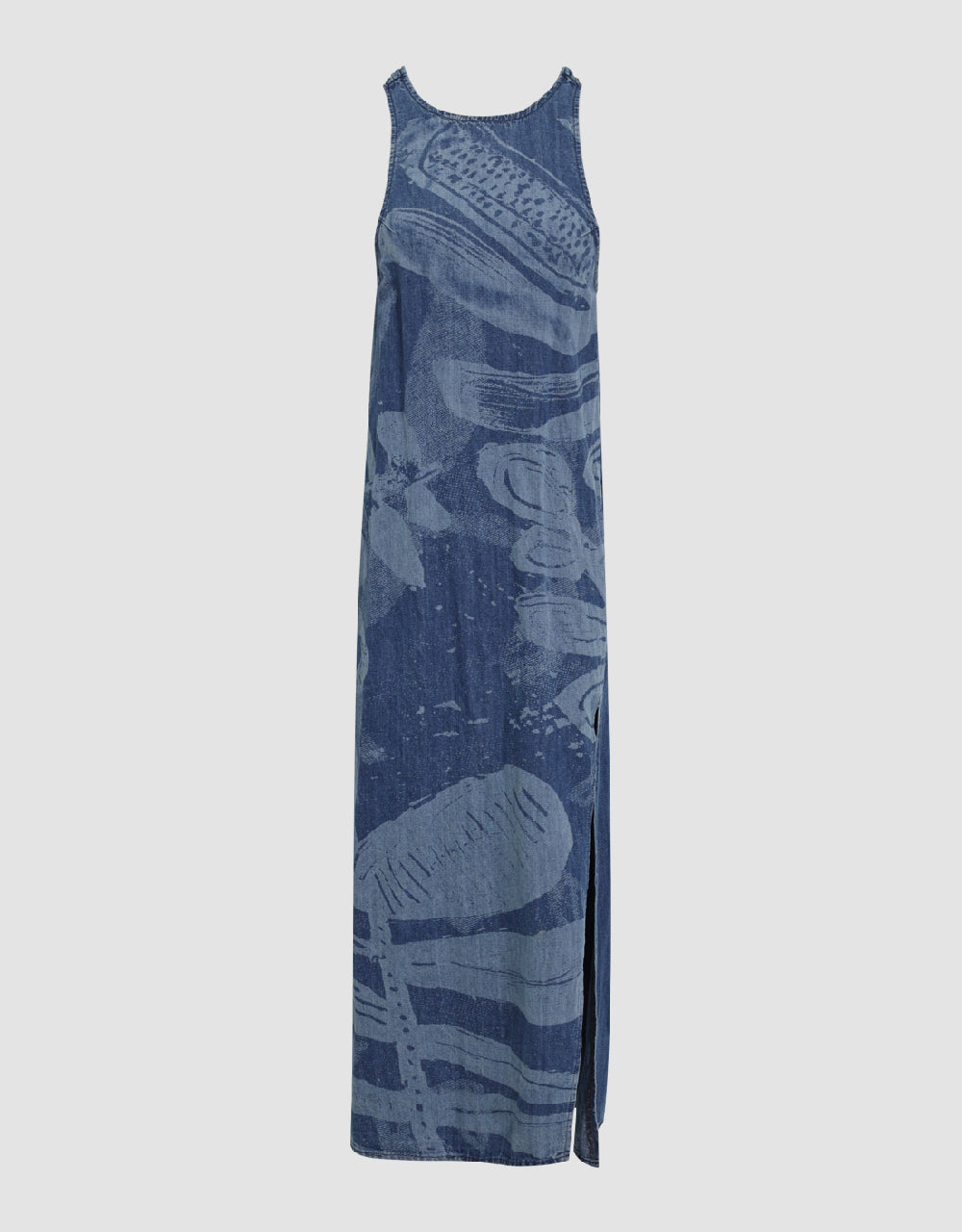 Printed Crew Neck Sleeveless Denim Dress