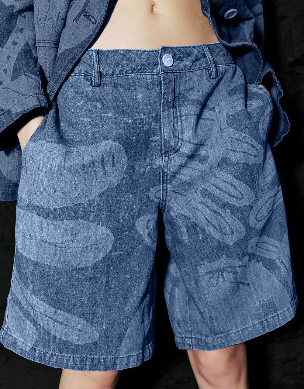 Printed Denim Shorts