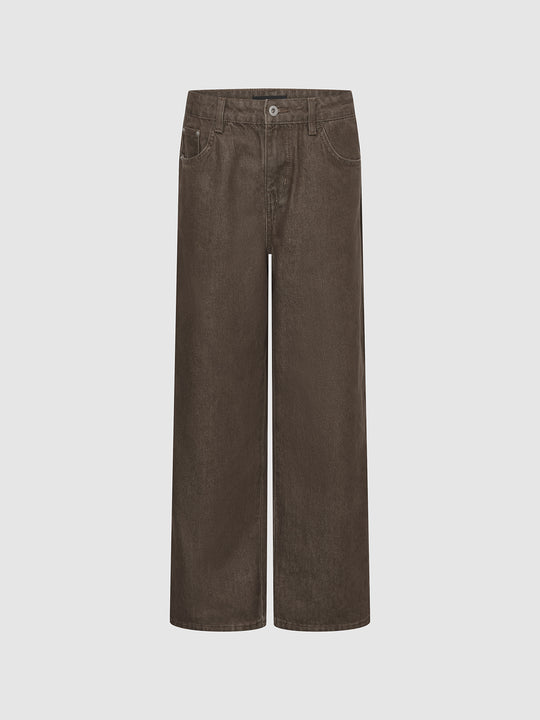 High Waist Contrast Stitch Pocket Loose Wide Leg Denim Pants