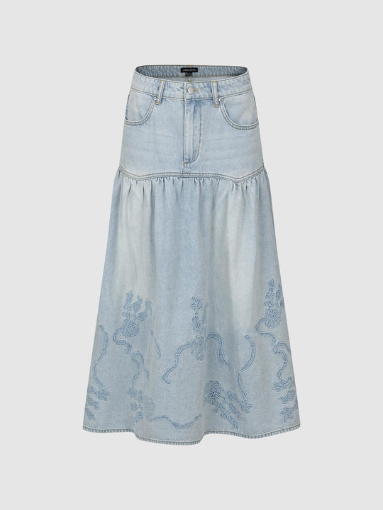 Washed Denim Skirt with Patchwork Embroidery
