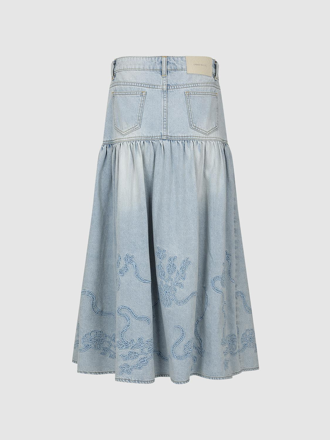 Washed Denim Skirt with Patchwork Embroidery