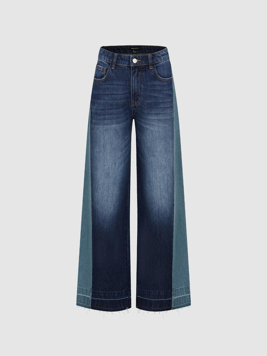 Contrast Spliced Raw Hem Wide Leg Jeans