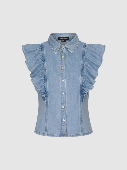 Ruffle Capped Sleeve Button Detail Denim Shirts