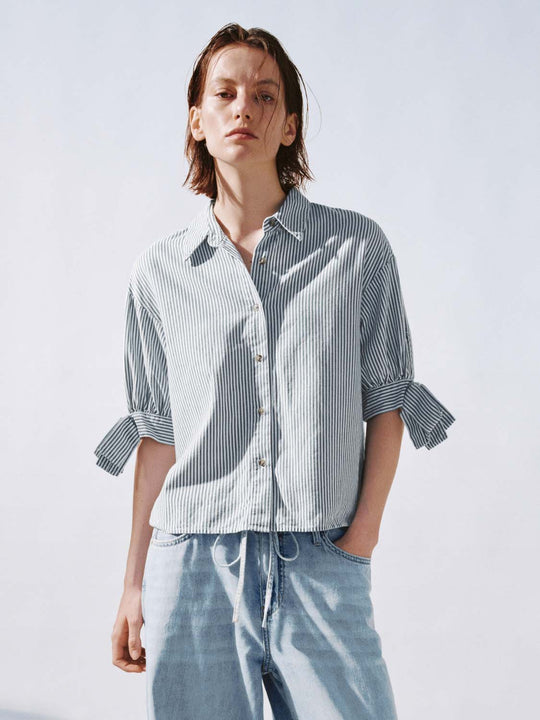 Short Sleeve Striped Denim Shirts