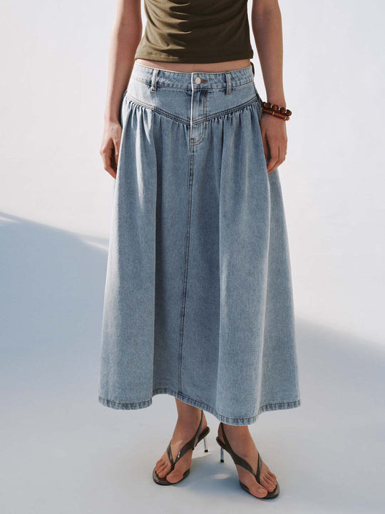 Shirring Detail Denim Midi Skirts