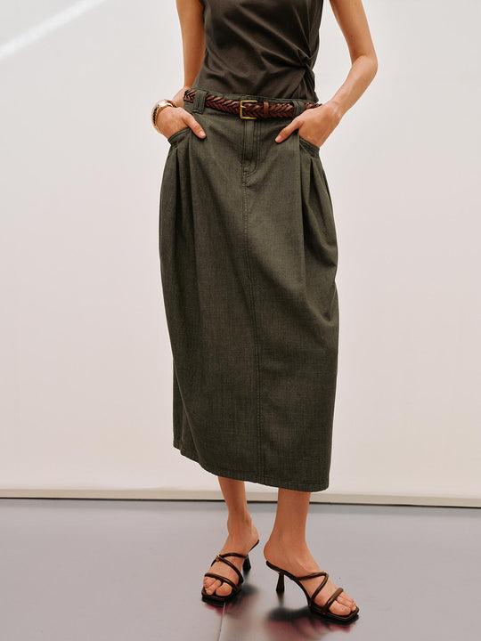 Belted Midi Casual Front Pockets Cotton Skirt
