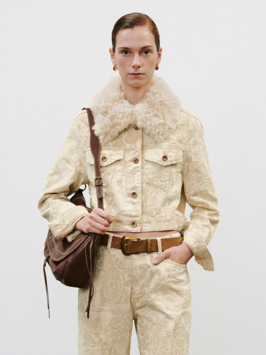 Faux Fur Collar Paisley Printed Relaxed Long Sleeve Cotton Jacket