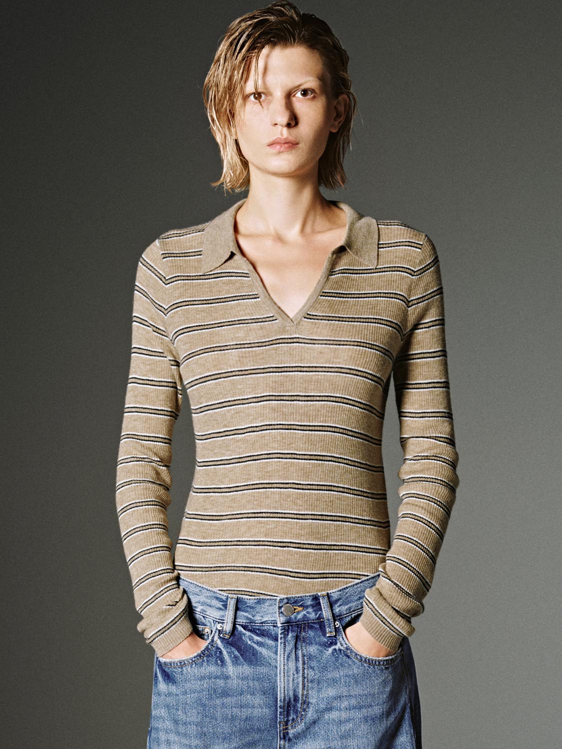 Collared Stripe Long Sleeve Knitted T-Shirts