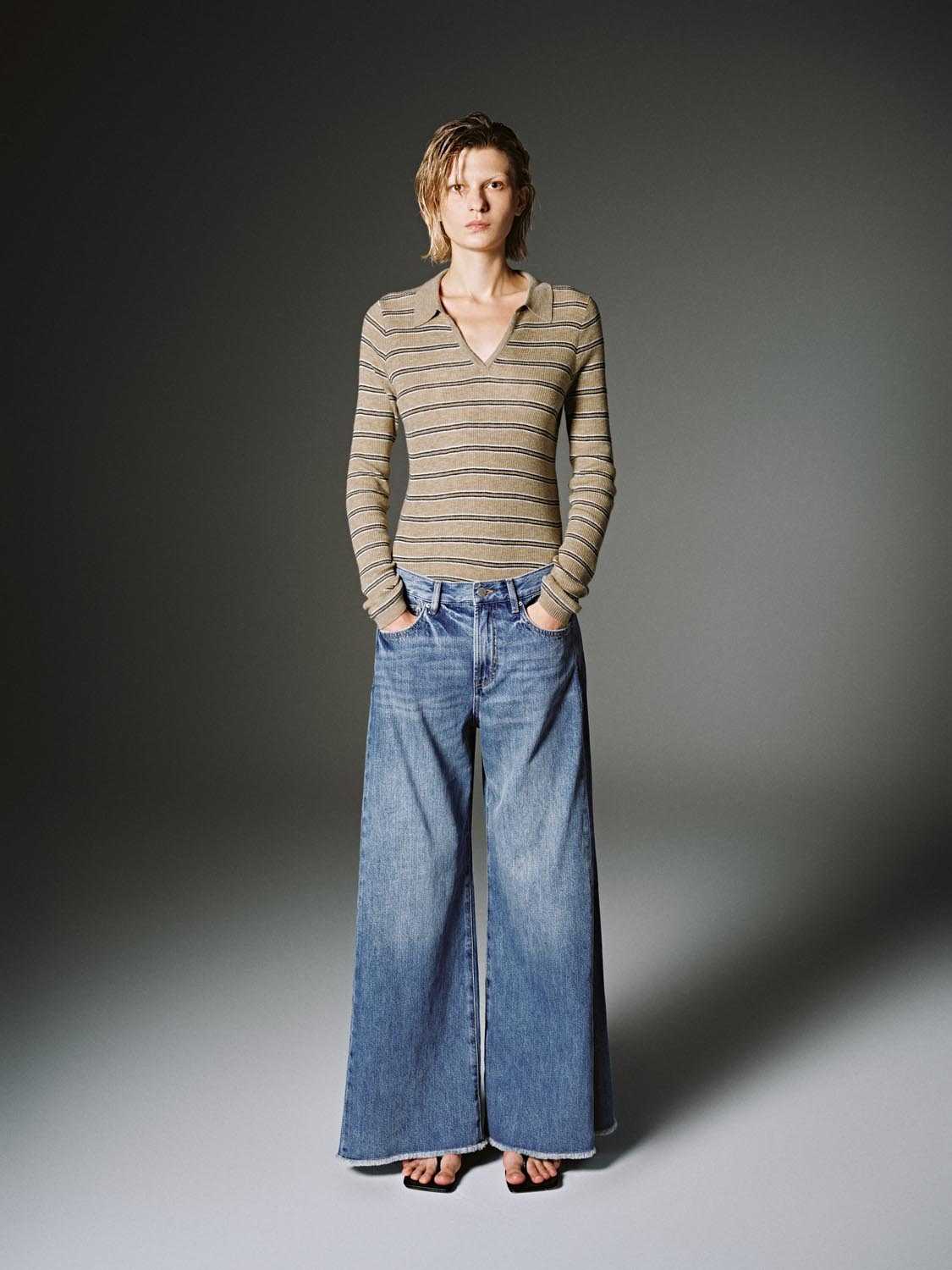 Collared Stripe Long Sleeve Knitted T-Shirts