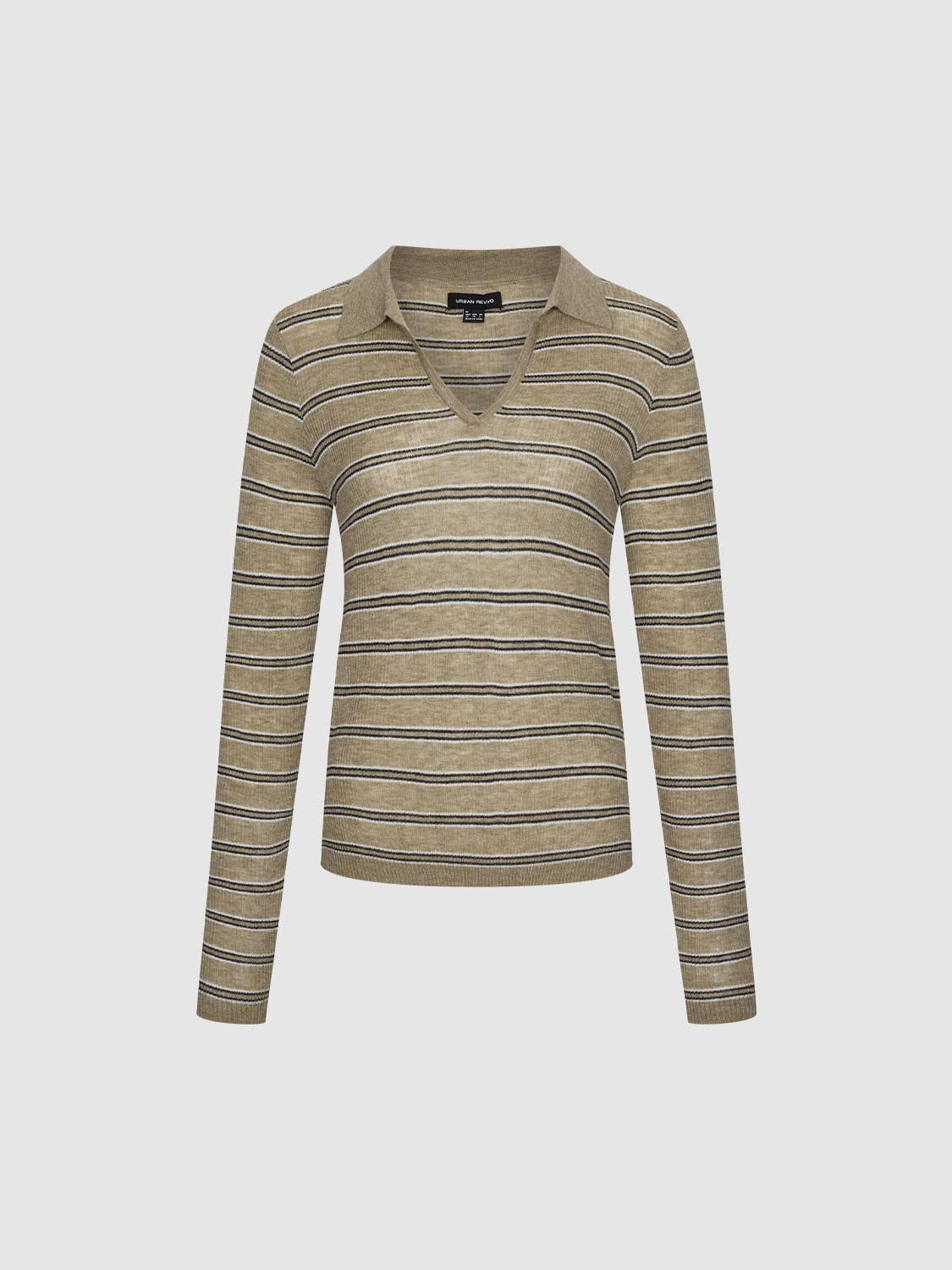Collared Stripe Long Sleeve Knitted T-Shirts