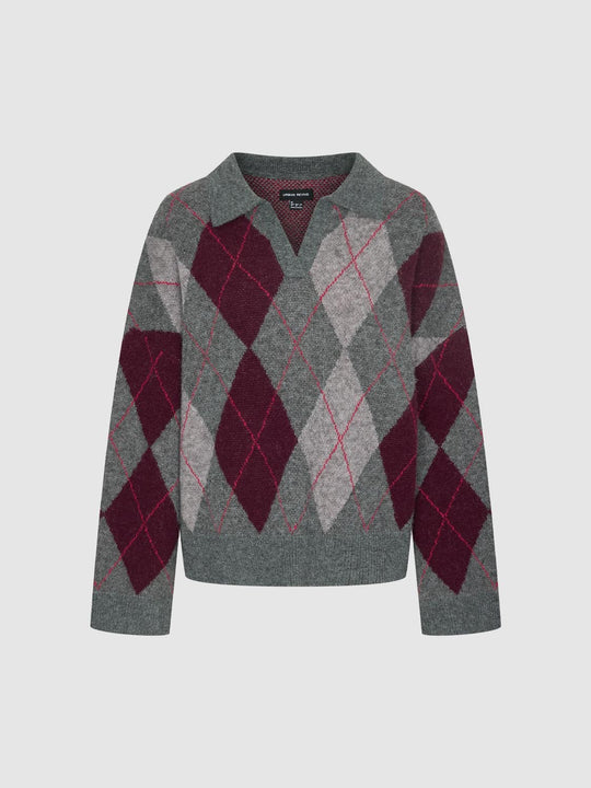 Collared V-Neck Argyle Long Sleeve Knitted T-Shirts
