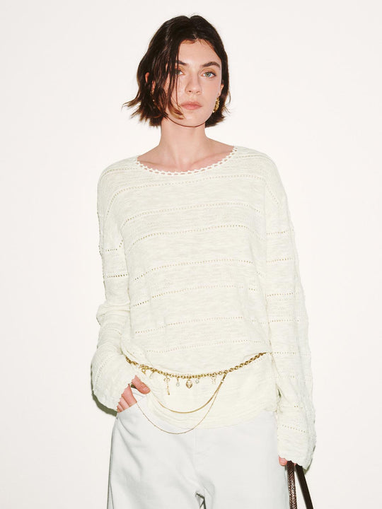 Linen Blend Scoop Neck Long Sleeve Knitted T-Shirts