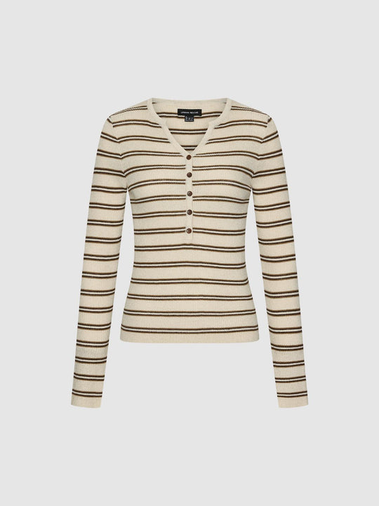 Henley Neck Long Sleeve Knitted T-Shirts