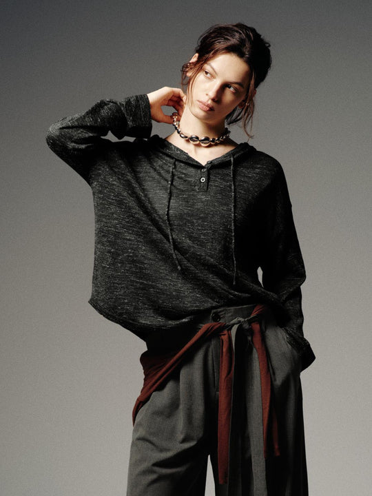 Linen Blend Drawstring Hooded Long Sleeve Knitted T-Shirts