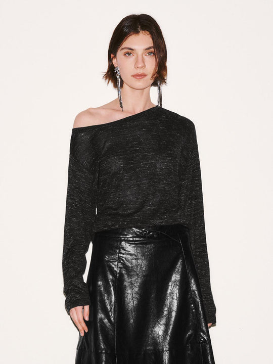 Linen Blend One Shoulder Nipped Waist Long Sleeve Knitted T-Shirts