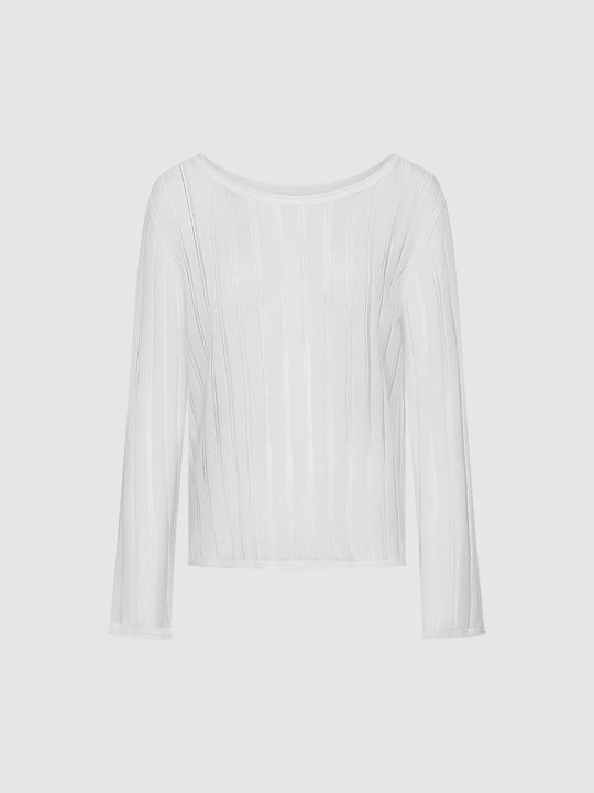 Striped Textured Knit Long Sleeve Lyocell T-shirt