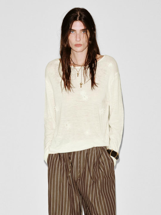 Linen Blend Embellished Scoop Neck Long Sleeve T-Shirts