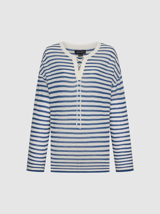 Linen Blend Lace-Up Neck Detail Striped Long Sleeve Knitted T-Shirts