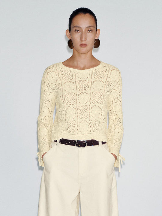 Crew Neck Open Knitted Long Sleeve T-Shirts