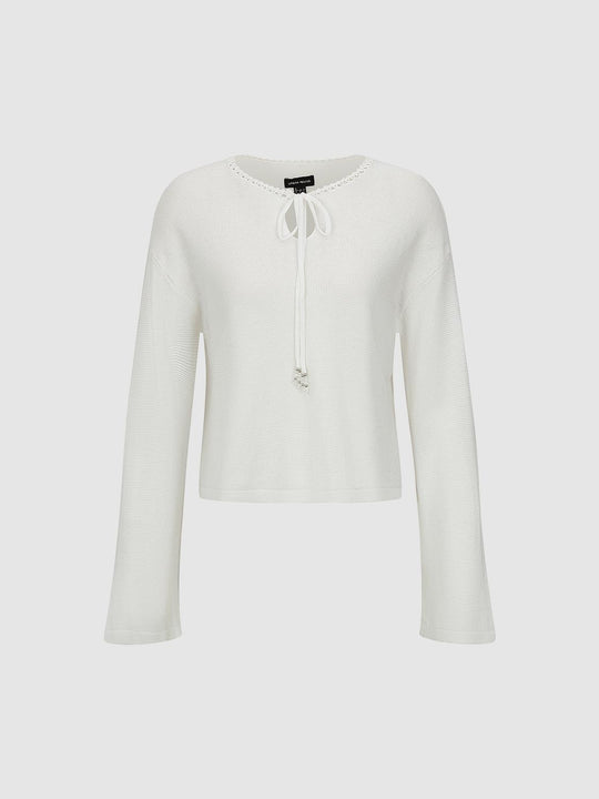 Linen Blend Crochet Trim Tie Front Long Sleeve Knitted T-Shirts