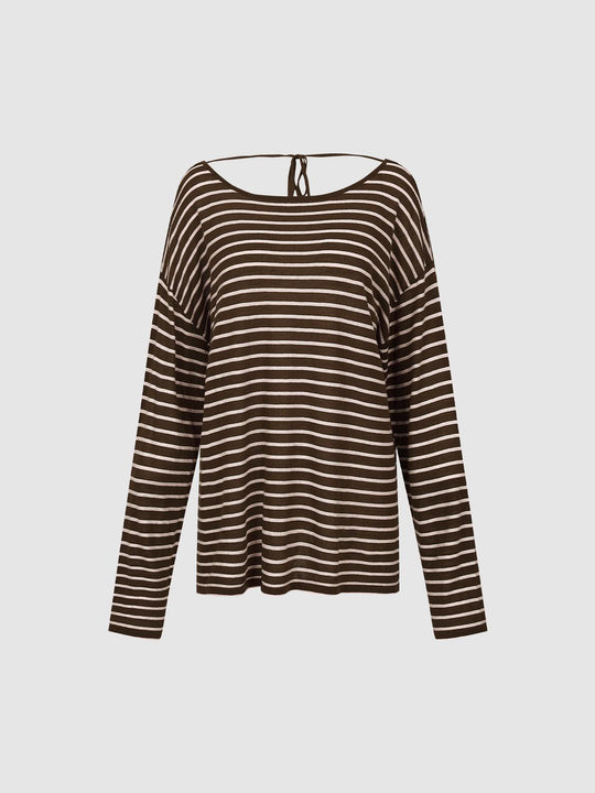 Crew Neck Contrast Striped Long Sleeve Knitted T-Shirts