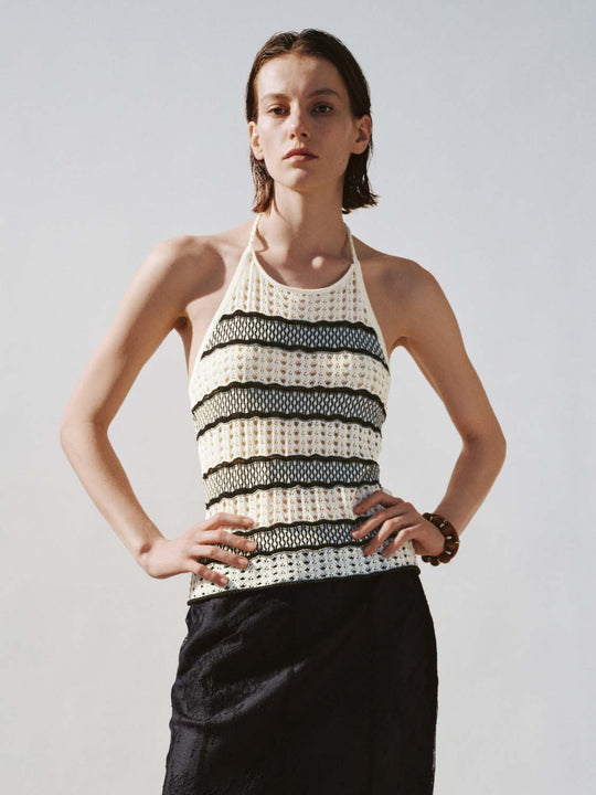 Halter Contrast Striped Knitted T-Shirts