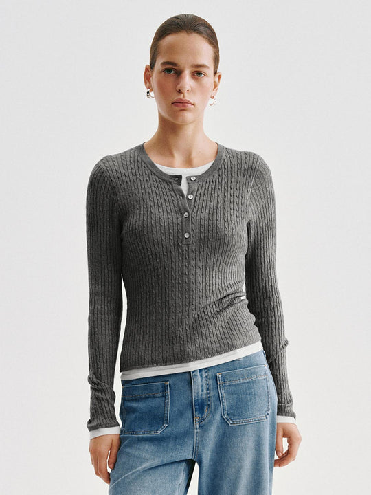 Slim Ribbed Layered Button Front Long Sleeve Knit T-Shirt