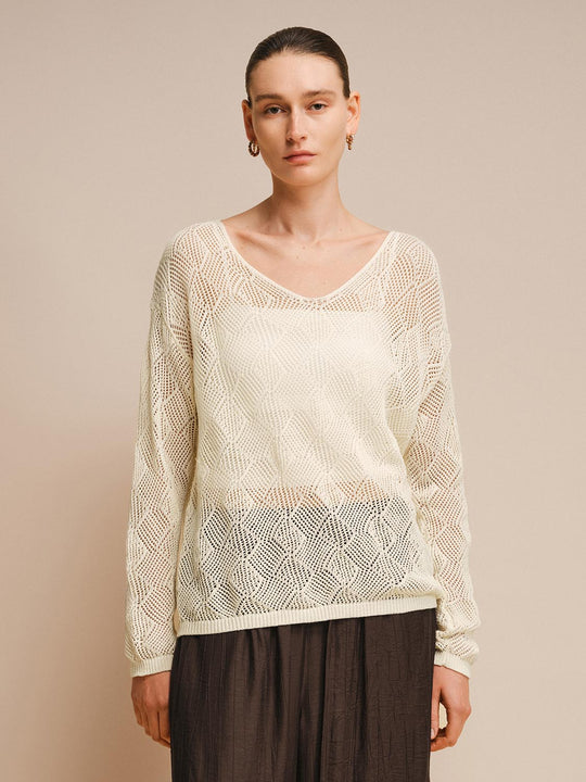V-neck Open Knit Pattern Cotton Relaxed T-Shirt