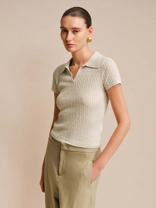 Textured Cable Knit Polo Collar Fitted Shirt