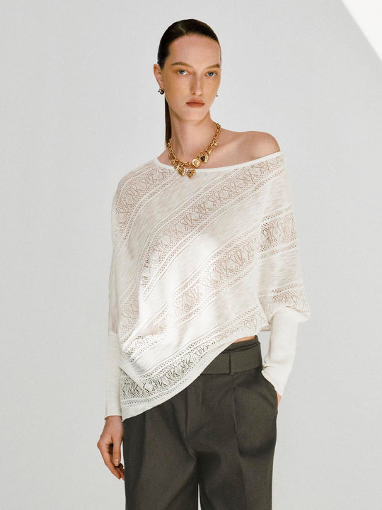 Diagonal Lace Knit Viscose Lyocell Polyester Sweater