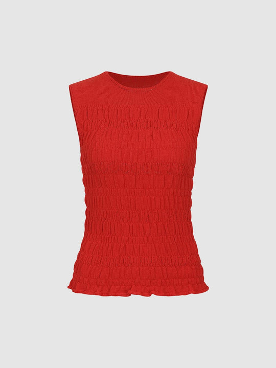 Ribbed Ruched Sleeveless Crew Neck Cotton Blend Tank Top