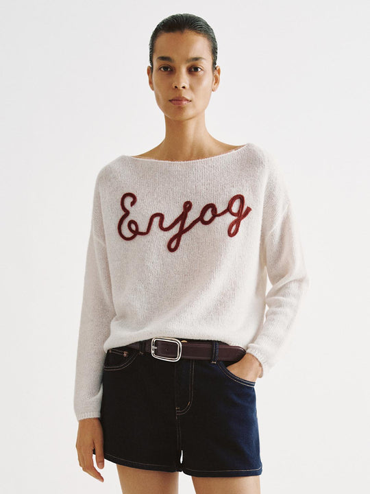 Knit Lightweight With Red Script Embroidery Sweater
