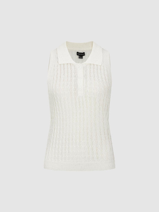 Twisted Knit Polo Collar Sleeveless Tank Top