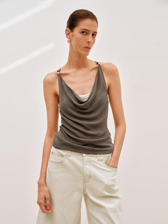 Luxuriously Draped Cowl Neck Knit With Slim Straps Tank Top