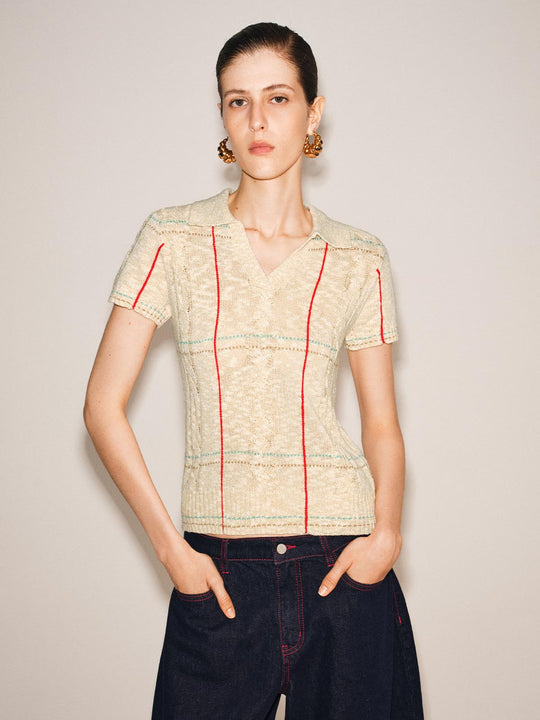 V-neck Short Sleeve Knit T-shirt