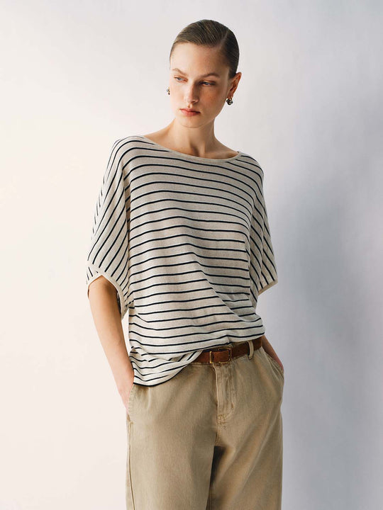 Striped Boat Neck Loose Knit T-Shirt