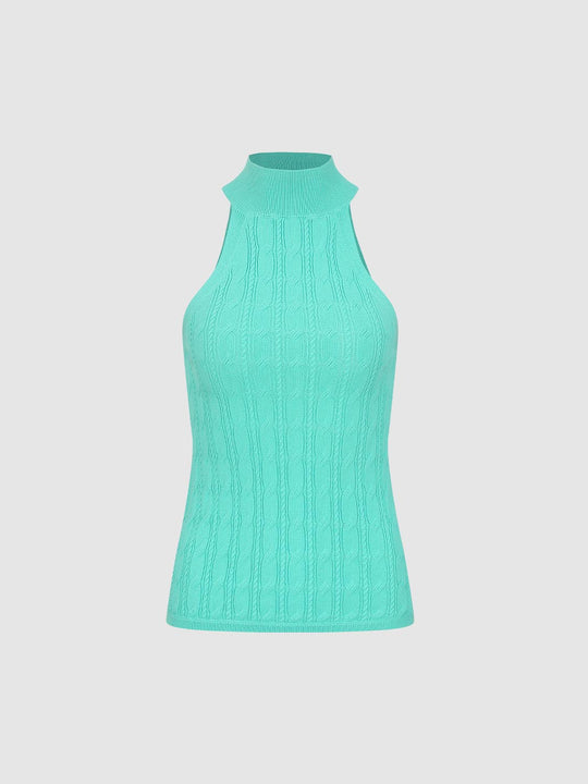 Cable Knit High Neck Textured Cotton Tank Top