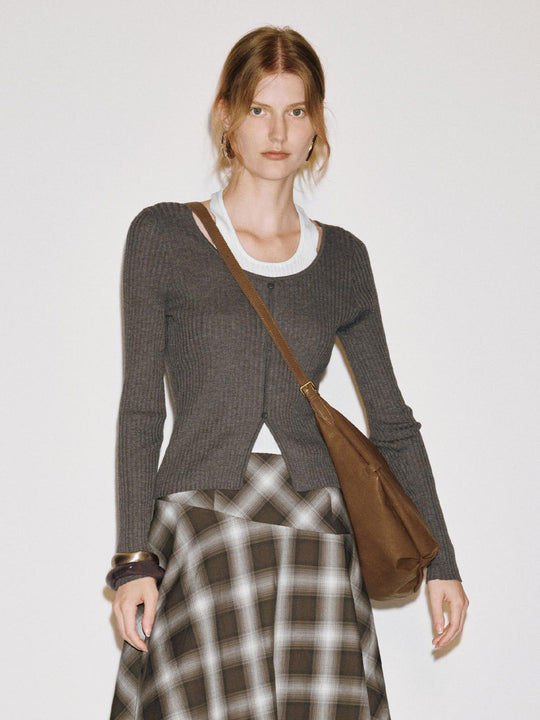 Ribbed Fitted Crew Neck Long Sleeve Cardigan