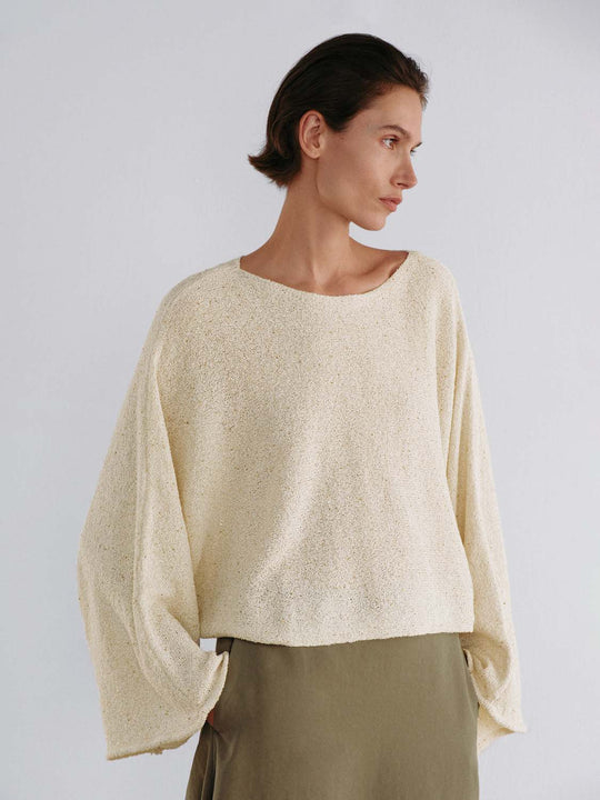 Oversized Cropped Textured Boat Neck Drop Shoulder Sweater