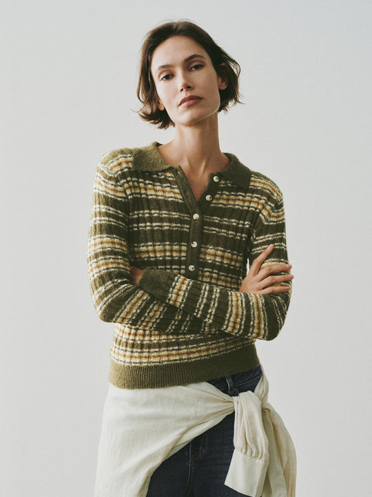 Striped Long Sleeve Shirt Collar Sweater