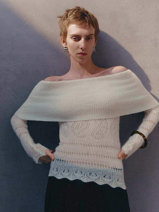 Off-Shoulder Rib Knit Lace Long Sleeve T-Shirt