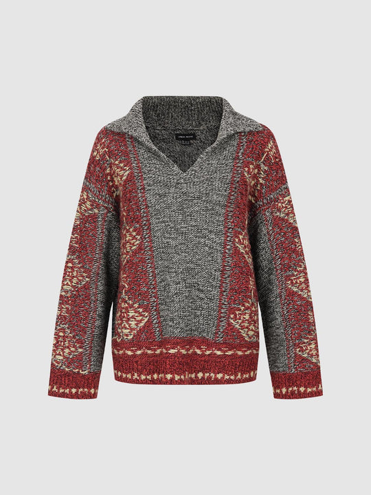 Patterned Ribbed Hem Crew Neck Long Sleeve Knit Sweater