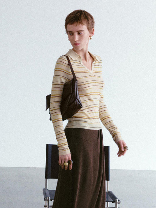 Striped V-neck Long Sleeve Shirt Collar Pullover T-shirt