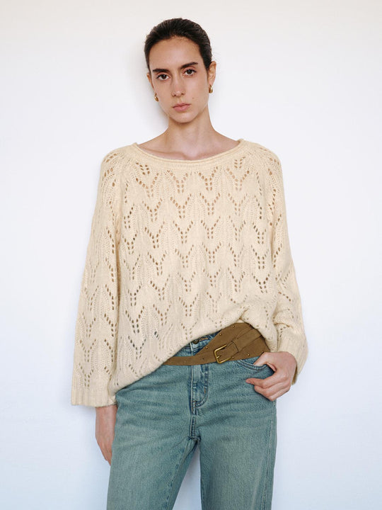 Open-knit Long Sleeve Oversized Boat Neck Sweater