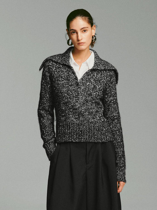 Textured Zipper Long Sleeve Mock Neck Sweater