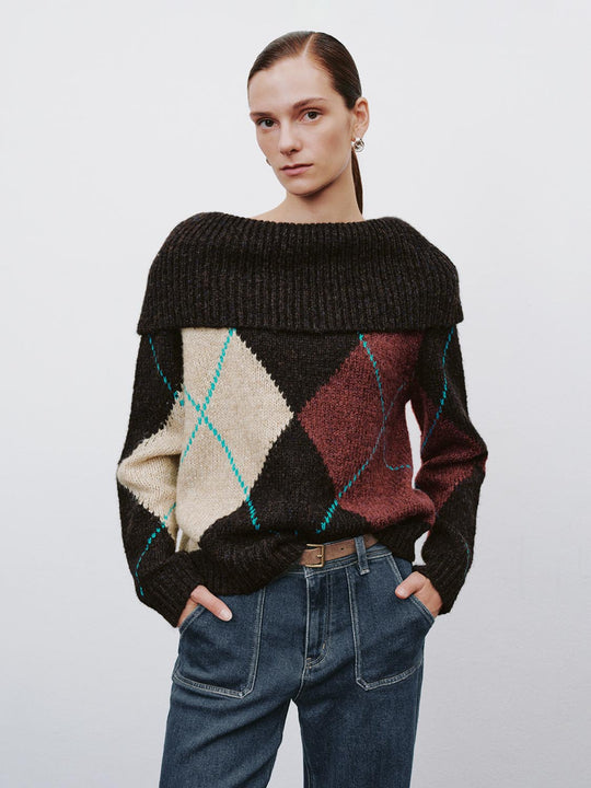 Boxy Ribbed Checked Boat Neck Long Sleeve Sweater
