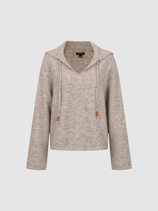Marled Knit Drawstring Hooded V-neck Long Sleeve Sweater