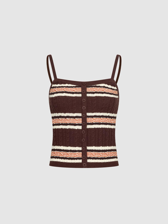 Textured Striped Button Front Sleeveless Cotton Cami Top