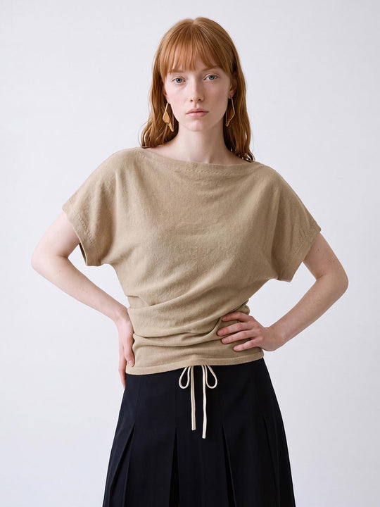 Ruched Drawstring Boat Neck Short Sleeve Cotton Blend Knit Top