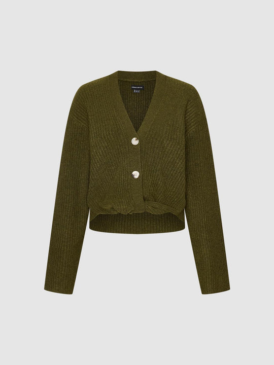Ribbed Button Front Long Sleeve V-Neck Twisted Hem Cardigan